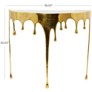 37 in. x 32 in. Gold Half-Moon Glass Aluminum Drip Console Table with Melting Designed Legs and Shaded Glass Top