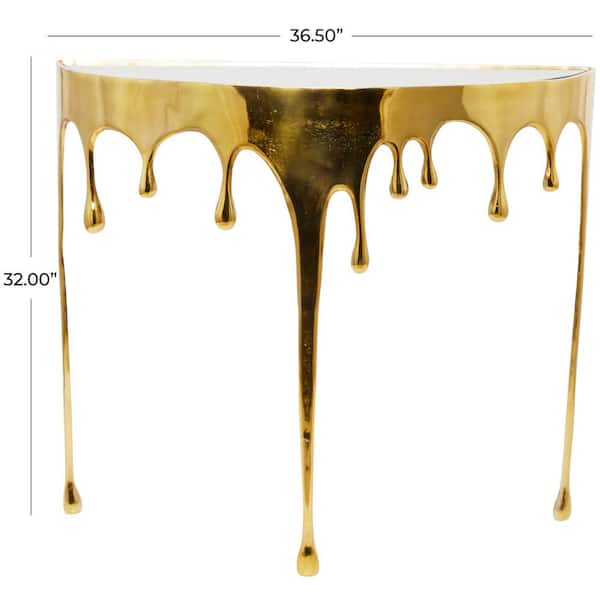 37 in. x 32 in. Gold Half-Moon Glass Aluminum Drip Console Table with Melting Designed Legs and Shaded Glass Top