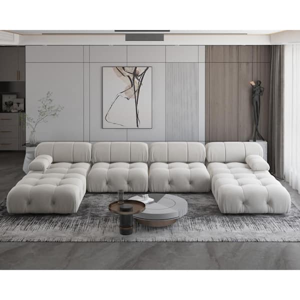 138.61 in. Square Arm 6-piece U Shaped Velvet Modular Free Combination Sectional Sofa with Ottoman in. Beige
