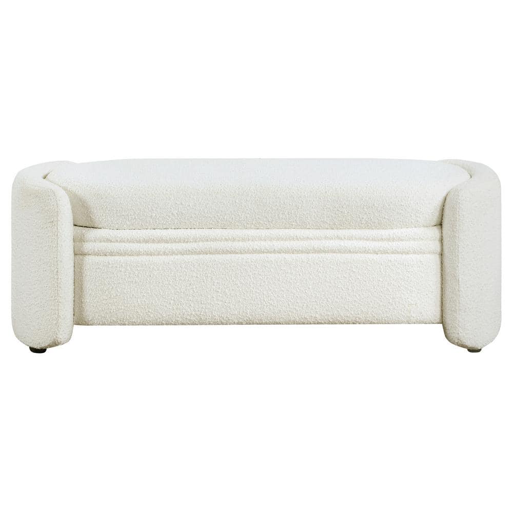 White Boucle Upholstered Storage Bench with Wood Frame