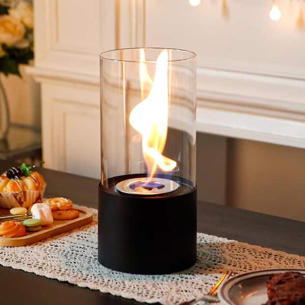 5 in. Tabletop Ventless Bioethanol Fireplace, Black Round Stainless Steel Burner Cup, Real Flame, Portable