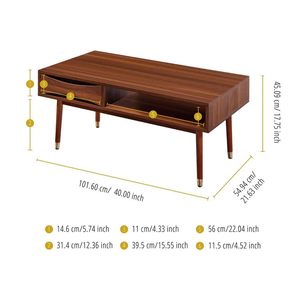 Dawson 40" Walnut Mid-Century Modern Coffee Table with Brass Accents