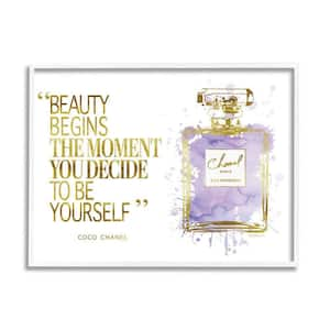 Beauty Begins Designer Quote Purple Glam Perfume Bottle by Amanda Greenwood Framed Typography Art Print 14 in. x 11 in.