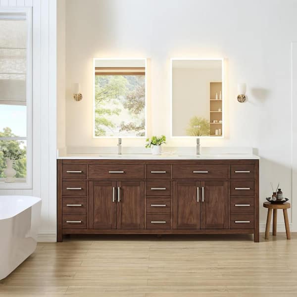 Beckett 84 in. Double Freestanding Dark Walnut Bath Vanity with Giotto Quartz Top