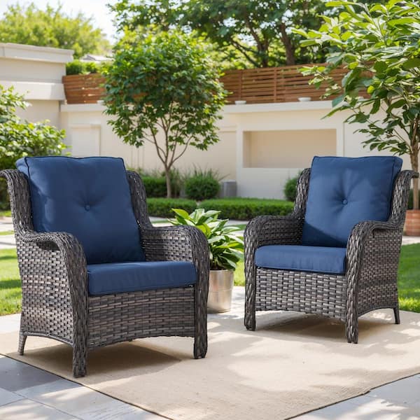 4-Piece Gray Wicker Patio Conversation Set with Olefin Blue Cushions and Lounge Chairs/Loveseat