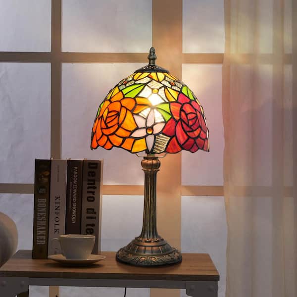 Lasaideal 14 in. Multi-Colored Tiffany Style Bronze Finish Table Lamp with Rose Stained Glass Lamp Shade