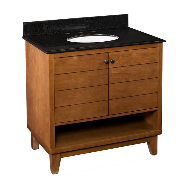 Southern Enterprises Harmon 34 in. W x 22 in. D Bath Vanity in Dark Aged Oak with Black Granite Vanity Top with White Basin