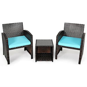 3-Piece Wicker PE Rattan Patio Conversation Set with Turquoise Cushion Sofa Coffee Table for Garden