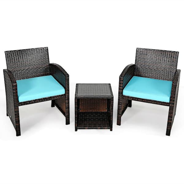 FORCLOVER 3-Piece Wicker Patio Conversation Set with Turquoise Cushions