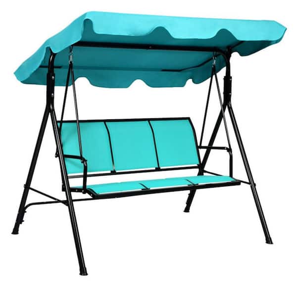 Clihome 3-Person Metal Frame Patio Porch Swing with Polyester Angle and Blue Adjustable Canopy