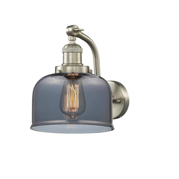 Innovations Bell 8 in. 1-Light Brushed Satin Nickel Wall Sconce with Plated Smoke Glass Shade