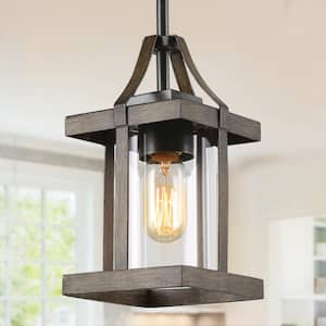 Bronze Cage Mini-Pendant 1-Light Faux Wood Farmhouse Chandelier Kitchen Island Pendant Light with Clear Glass Shade