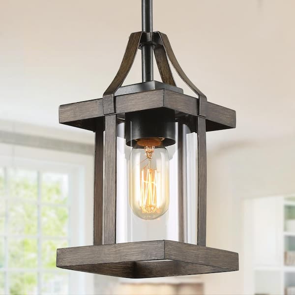 LNC Bronze Cage Mini-Pendant 1-Light Faux Wood Farmhouse Chandelier ...