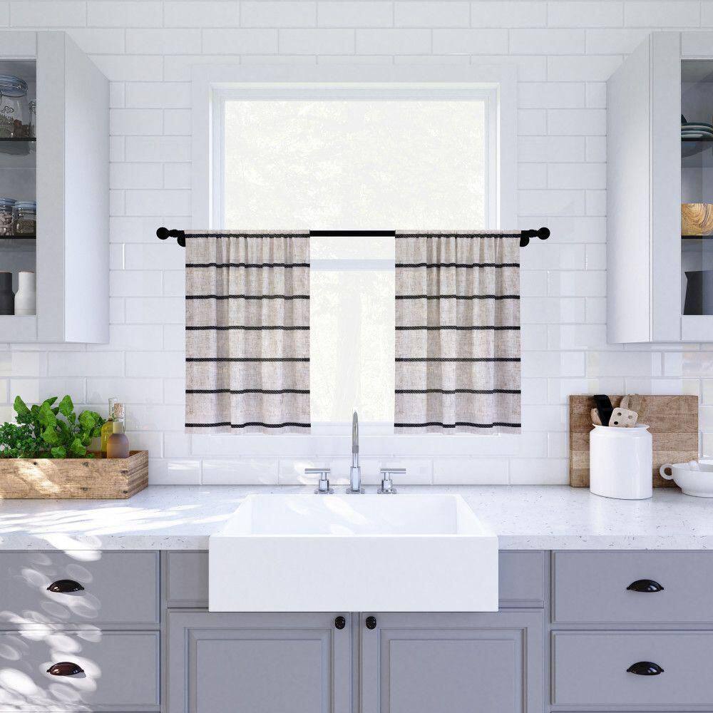 Black and Beige Linen Blend Twill Stripe Sheer Kitchen Curtain Pair
