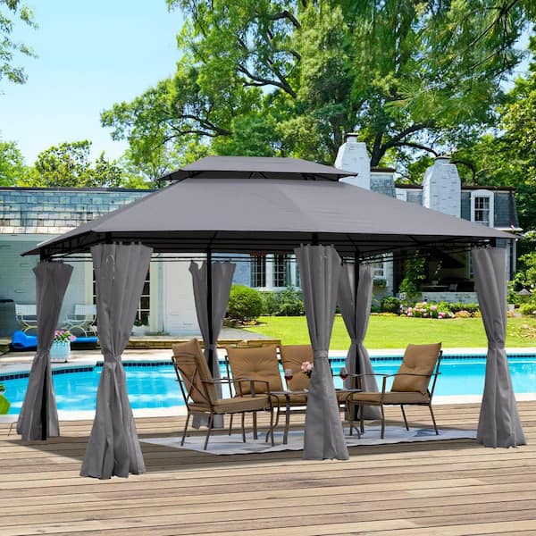 Cesicia 13 ft. x 10 ft. Patio Umbrella Gazebo Gray Steel Canopy with Ventilated Double Roof and Full Detachable Side Curtains