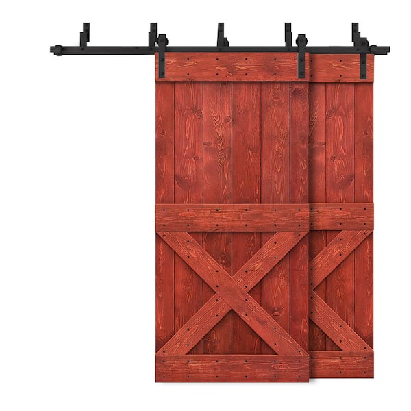 CALHOME 52 in. x 84 in. Mini X-Bypass Cherry Red Stained DIY Solid Wood Interior Double Sliding Barn Door with Hardware Kit