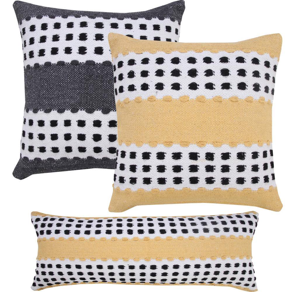 Yellow and Black Cotton Striped 20" Square Throw Pillow