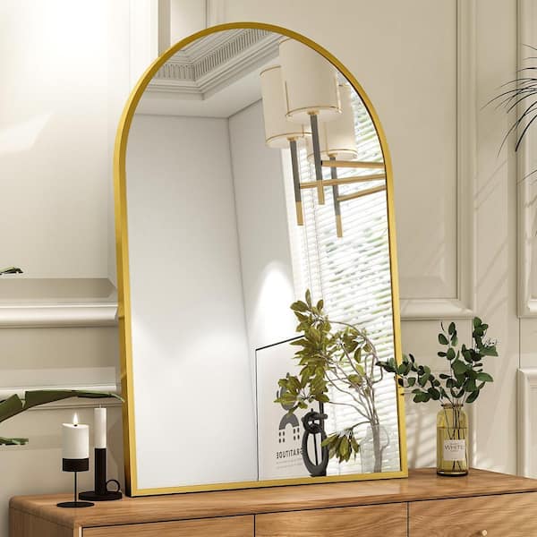 XRAMFY 24 in. W x 35.8 in. H Arched Modern Gold Aluminum Framed Bathroom Vanity Mirror Wall Mirror
