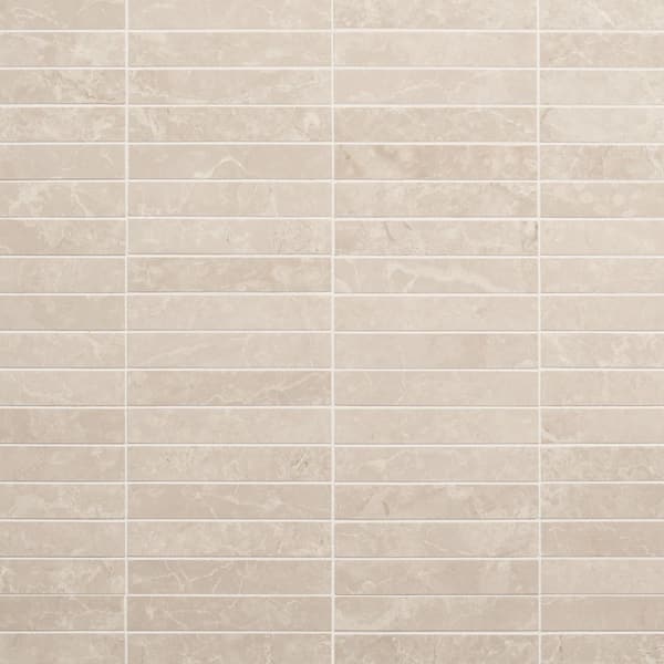 Botticino Extra Light Beige 4 in. x 0.37 in. Stacked Polished Marble Mosaic Floor and Wall Tile Sample