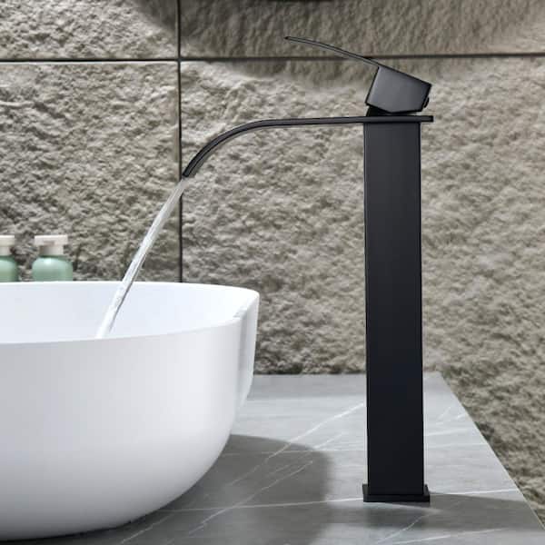 Single Handle Vessel Sink Faucet with Pop-Up Drain, Wide Spout Waterfall Single Hole Bathroom Faucet in Matte Black