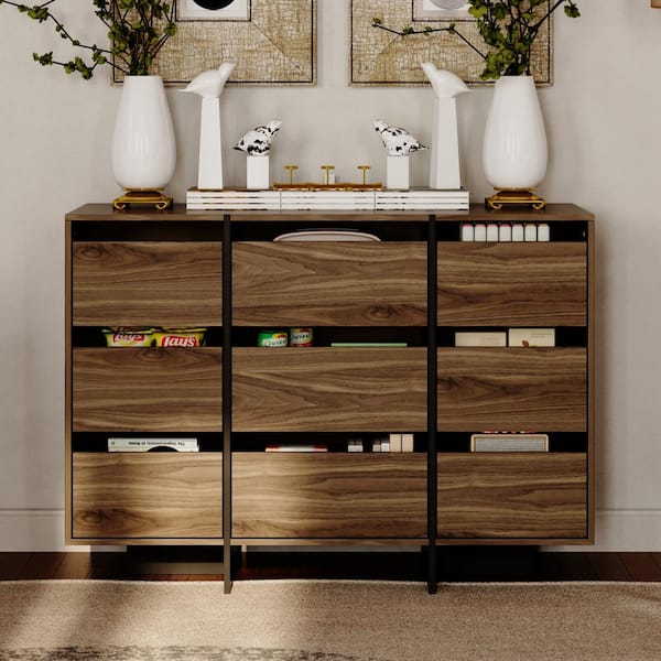 FUFU&GAGA 28.3 in. H Brown Wood Storage Cabinet with 9-Drawers, Wood Grain Finish
