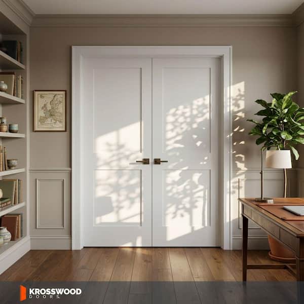 60 in. x 96 in. Craftsman Shaker 2-Panel Both Active MDF Solid Core Primed Wood Double Prehung Interior French Door