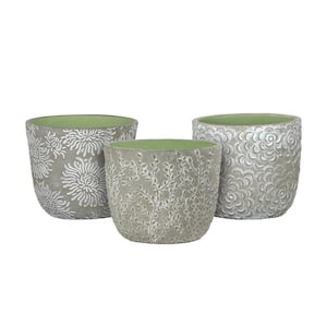 Flora 6 in. Grey Cement Planters with Green Interior Assorted (Set of 3)