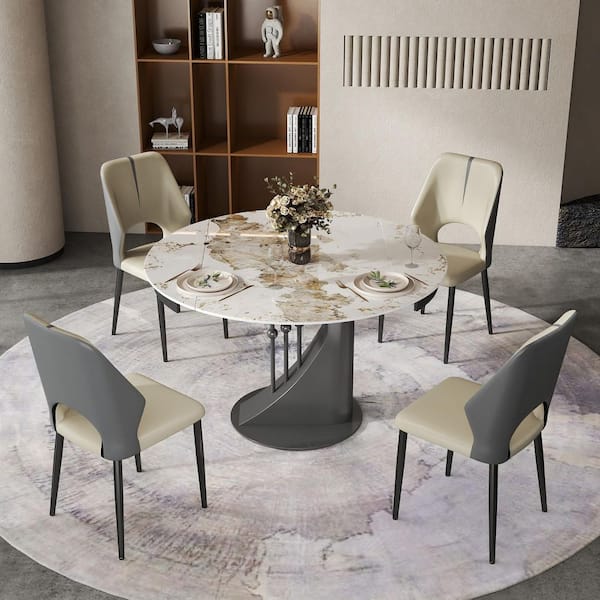 31 in. to 51 in. Round Pandora Sintered Stone Extendable Dining Table with Gunmetal Gray Pedestal, Seats 6