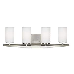 Visalia 28.25 in. W 4-Light Brushed Nickel Bathroom Vanity Light with White Etched Glass Shades