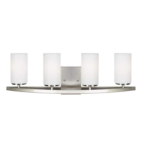 Generation Lighting Visalia 28.25 in. W 4-Light Brushed Nickel Bathroom Vanity Light with White Etched Glass Shades