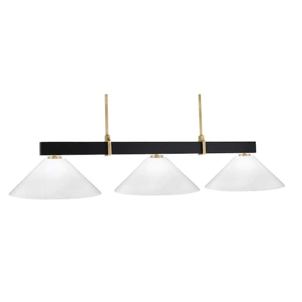 Balmore 3-Light Matte Black and New Age Brass Billiard Light with 16 in. White Marble Glass Shades