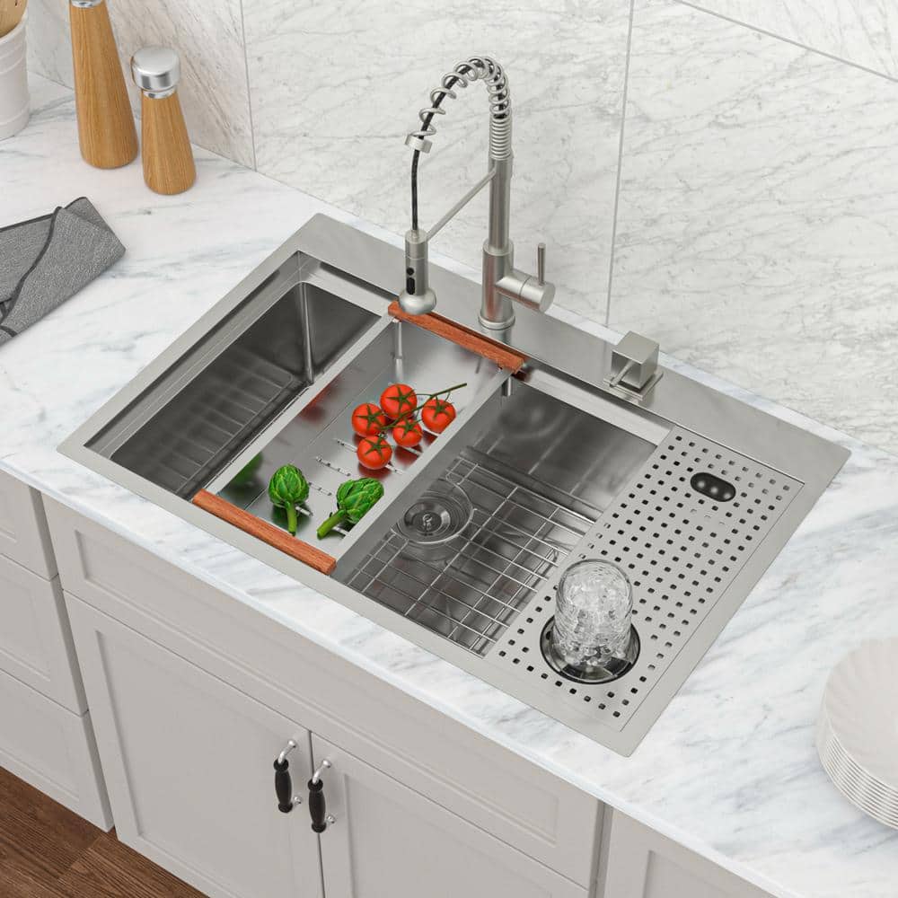 33 Inch Brushed Stainless Steel Drop-In Workstation Sink