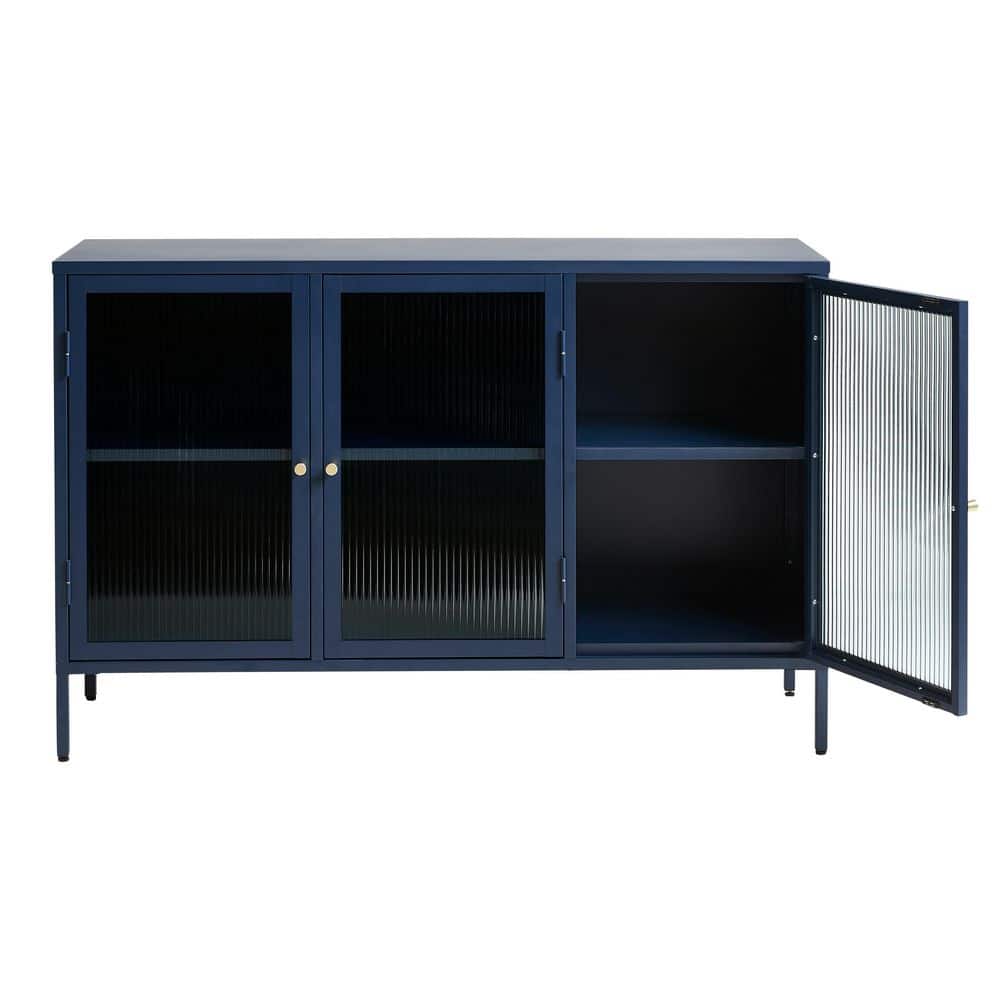 Blue Metal and Glass 3-Door Sideboard with Golden Handles