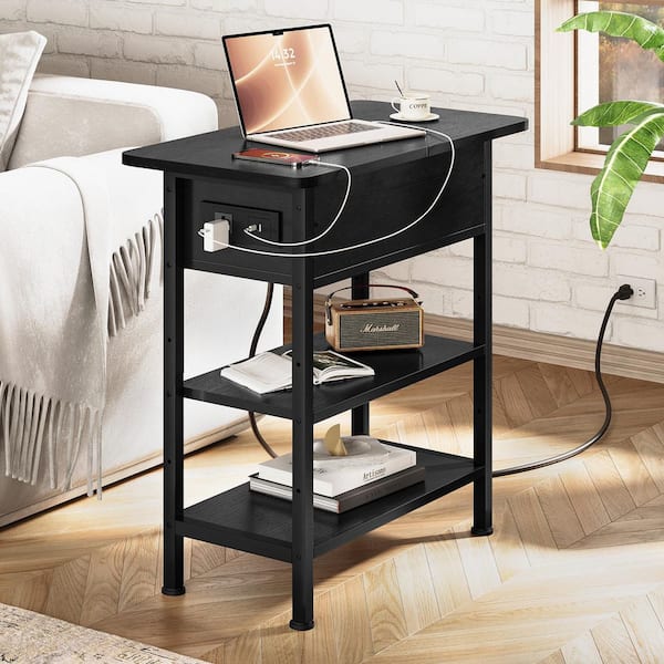 Black End Side Table with Charging Station with USB Ports and Outlets for Living Room Bedroom, Nightstand with Shelve