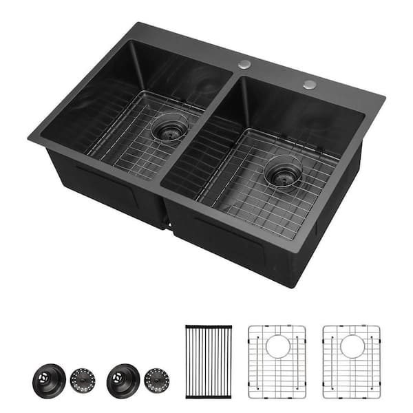 Gunmetal Black 16-Gauge Stainless Steel 33 in. Double Bowl 50/50 Drop-In Topmount Kitchen Sink with Bottom Grid