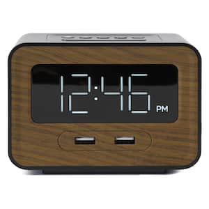 Black Wood Digital Table Alarm Clock with Dual USB Charging Station