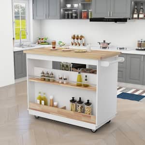 White Rolling Kitchen Island with Wood Top, Kitchen Cart with Wheels, 2-Drawers and 3 Open Shelves