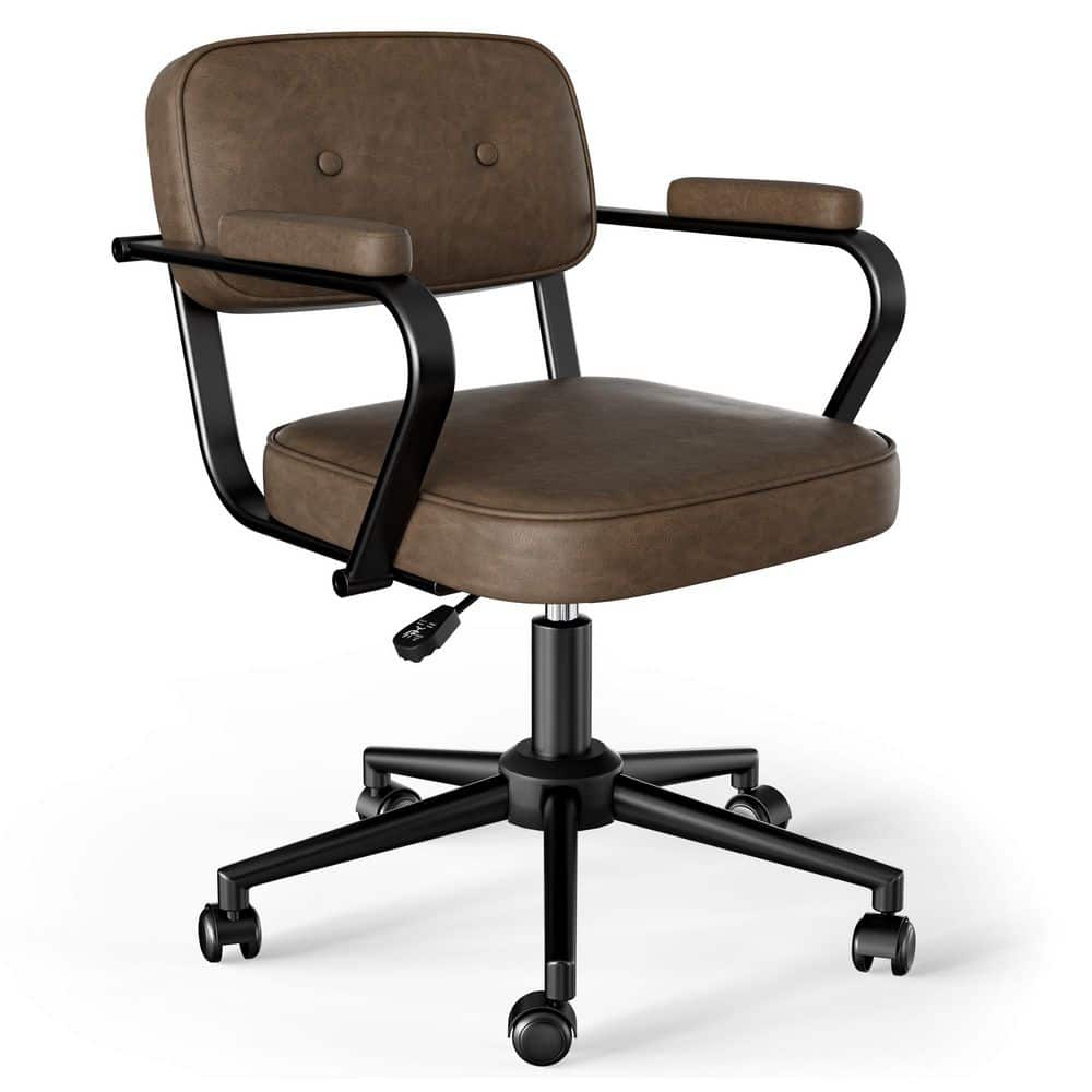 Small Leather Cushioned Task Chair in Brown-1 with SGS-certified Gas Lift, Adjustable Heigh, Wheels