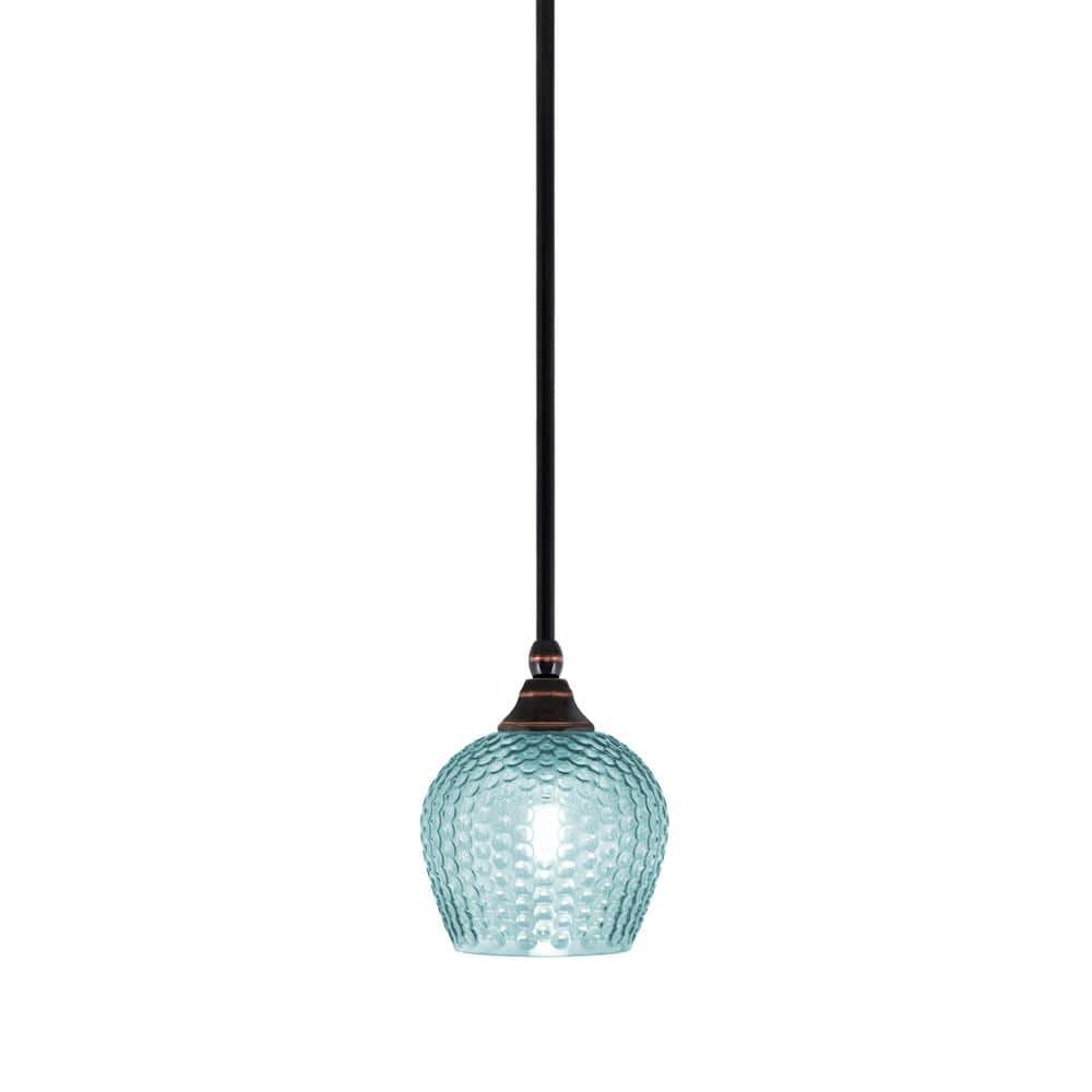 Sparta 100-Watt 1-Light Black Copper Mini Pendant Light with Turquoise Text