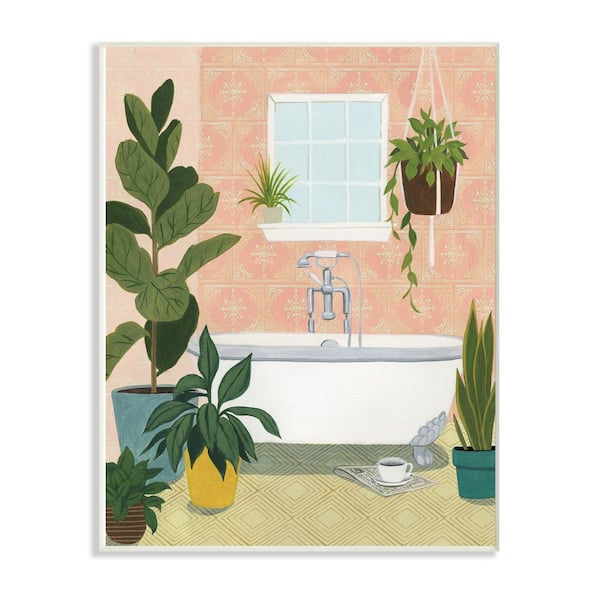 10 in. x 15 in. "Peach Walls Bathroom Oasis Scene with Fiddle Leaf Plants" by Grace Popp Wood Wall Art