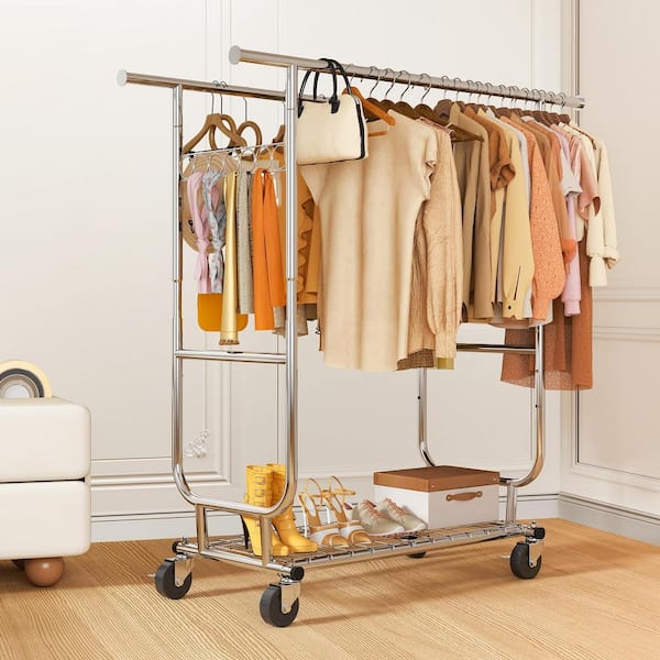 Angel Sar Heavy Duty Collapsible Silver Clothes Rack Collapsible Rolling Clothing Rack For Hanging Clothes (CR-H)