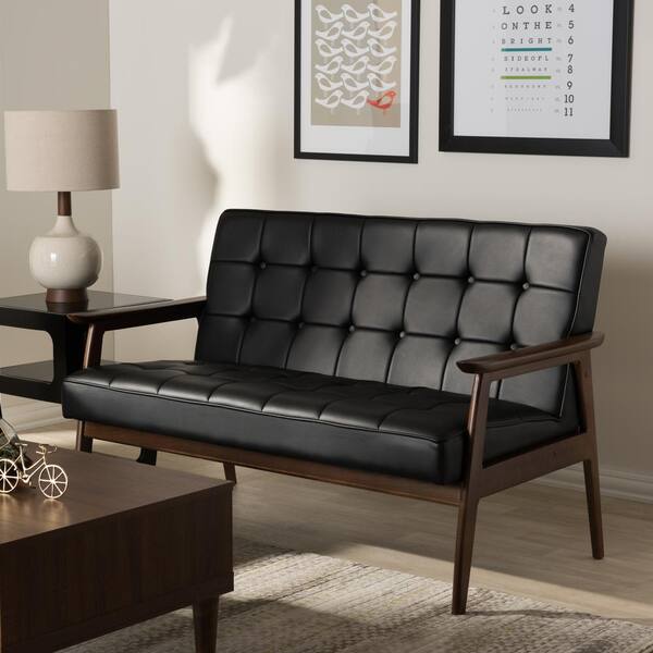 Baxton Studio Stratham Mid-Century Black Faux Leather Upholstered Sofa