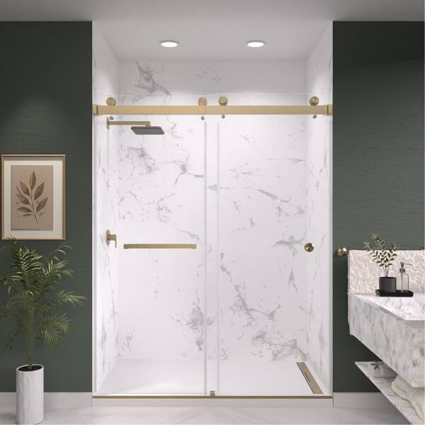 Catalyst FP 60 in. W x 84 in. H Double Sliding Frameless Shower Door in Brushed Bronze with 3/8 in. Clear Glass