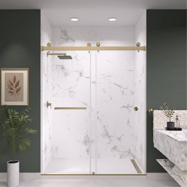 CatalystFP 72 in. W x 76 in. H Double Sliding Frameless Shower Door in Brushed Bronze with 3/8 in. Clear Glass