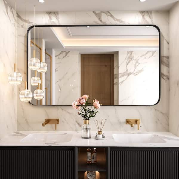 50 in. W x 30 in. H Tempered Glass Rectangular Framed Wall-Mounted Bathroom Vanity Mirror in Black
