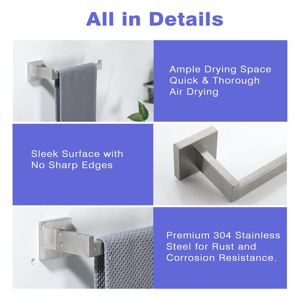 Bath 9 in. Wall Mounted Towel Bar Stainless Hand Towel Bar Towel Holder in Brushed Nickel