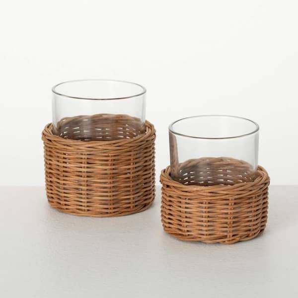 SULLIVANS 4.75 in. - 4 in. Woven Hurricane Candle Holders Set of 2