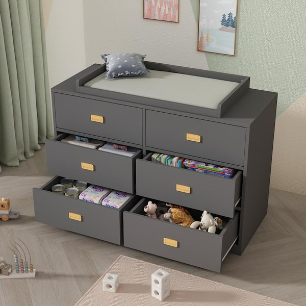 FUFU&GAGA 6-Drawer Gray Wood Dressers Chest of Drawers Storage Organizer Cabinet 30.1 in. H x 45.1 in. W x 18.9 in. D