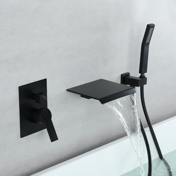 Single-Handle Waterfall Spout Tub Wall Mount Roman Tub Faucet with Hand Shower in Matte Black