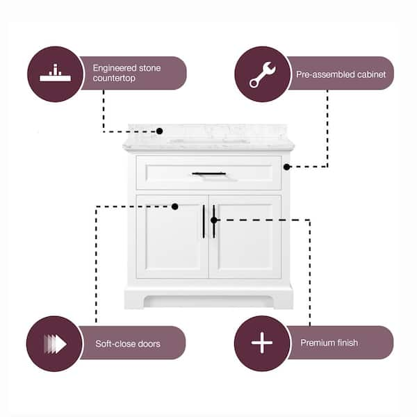 Doveton 30 in. W x 19 in. D x 34 in. H Single Sink Bath Vanity in White  with White Engineered Marble Top